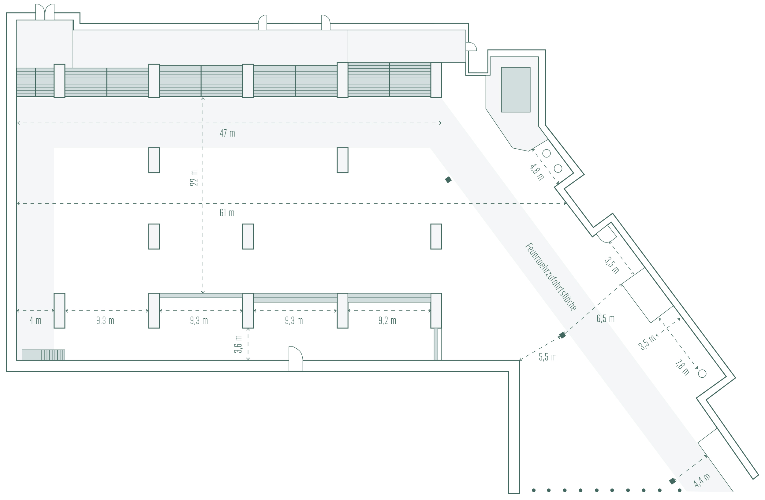 Floor plan of a building with rooms and corridors.