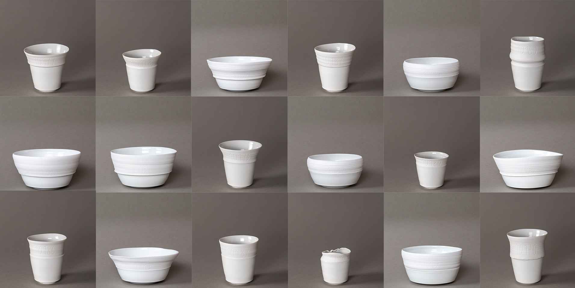 A collection of various white ceramic bowls and cups arranged in a grid.
