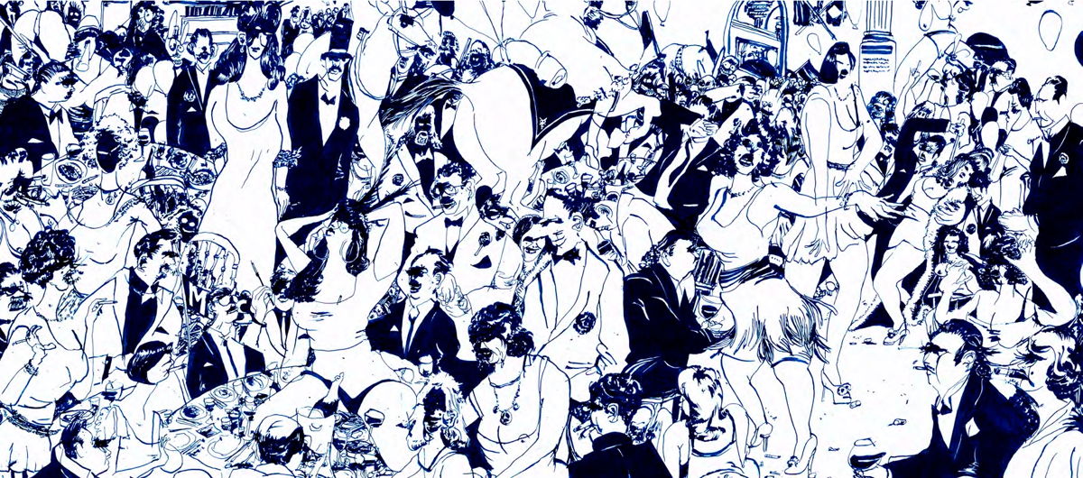 A crowded scene with people in formal attire, dining and socializing.